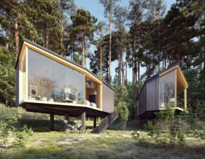 Wizualizacja 3d domu w leśnym otoczeniu. Wizualizacja przedstawia obiekt w letnie popołudnie.