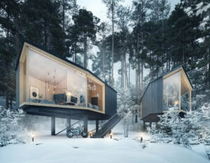 Wizualizacja 3d domu wypoczynkowego. Budynek pokazany zimową porą w leśnym otoczeniu.