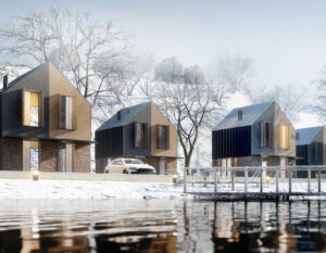 Wizualizacje 3d domków letniskowych. Domki wykonane z drewna i czerwonej cegły. Działka nad jeziorem.